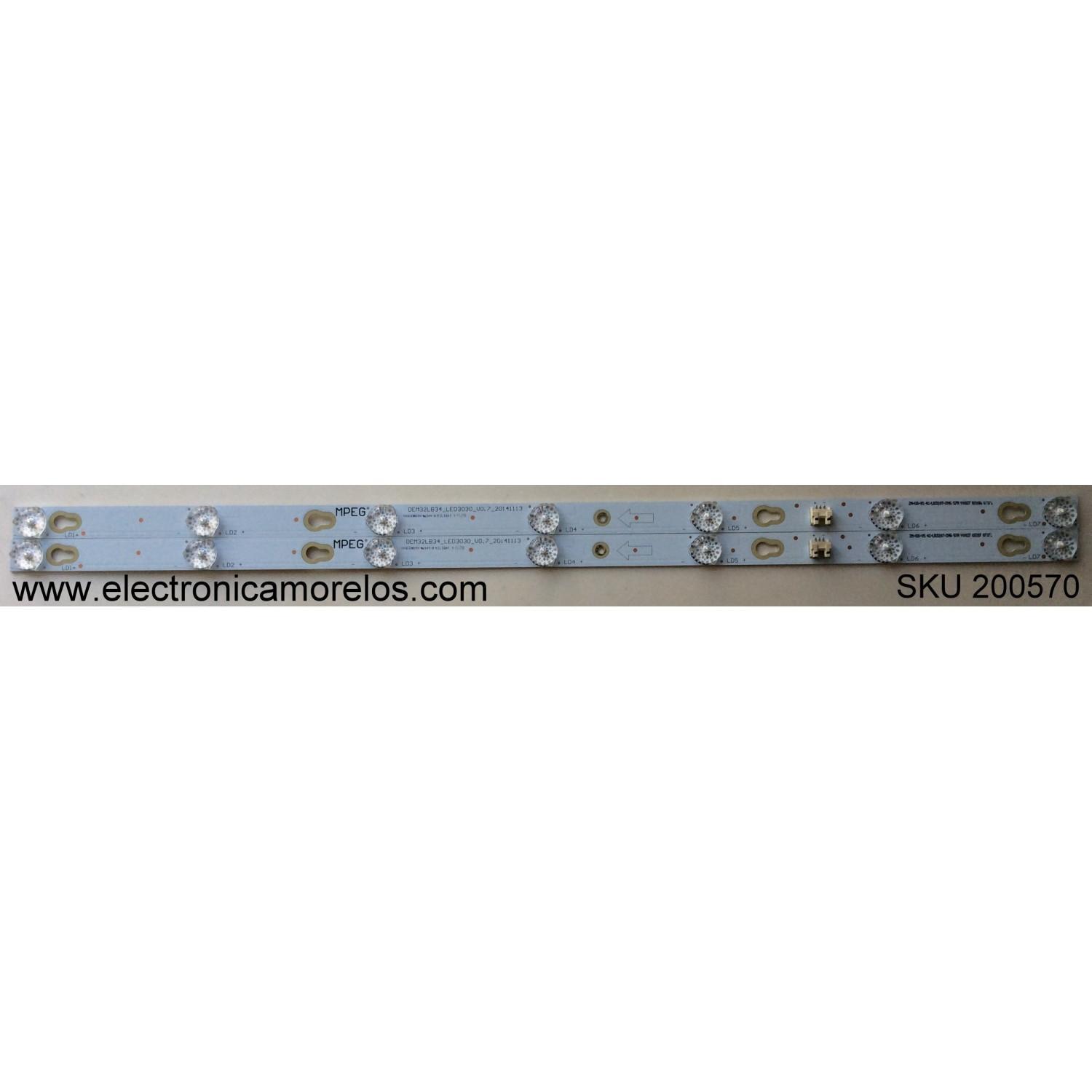 KIT DE LEDS ORIGINAL PARA TV TCL 2 PIEZAS / NUMERO DE PARTE OEM32LB34 / OEM32LB34_LED3030_V0.7_20141113 / ZM-GS-05 4C-LB320T-ZM6 57R Y0027 02287 07171 / PANEL LVW320CS0T E217 / MODELO 32S3750 / 35S3800